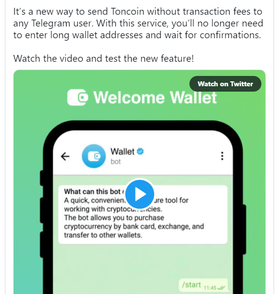 همانطور که در روز سه‌شنبه در توییتر گفته شد، توسعه‌دهندگان مستقل Toncoin (TON) با استفاده از ربات کیف پول، گزینه‌های پرداخت رمزنگاری را در تلگرام ارائه کرده‌اند.