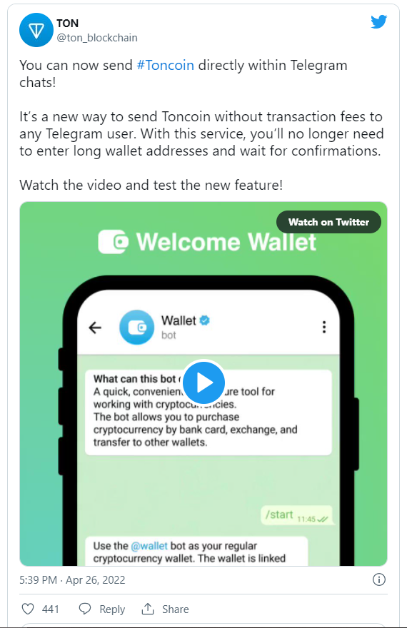 همانطور که در روز سه‌شنبه در توییتر گفته شد، توسعه‌دهندگان مستقل Toncoin (TON) با استفاده از ربات کیف پول، گزینه‌های پرداخت رمزنگاری را در تلگرام ارائه کرده‌اند.