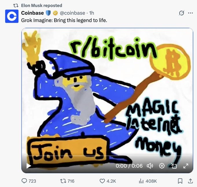 میم معروف “جادوگر بیت‌کوین” که در سال ۲۰۱۳ توسط یک توییتر @mavensbot در یک مسابقه ردیت برای تبلیغات /r/Bitcoin طراحی شد، با افزایش قیمت بیت‌کوین از ۲۶ به ۱۰۰۰ دلار به نمادی فرهنگی در جامعه کریپتو تبدیل شد. این میم که بعدها الهام‌بخش میم‌هایی مانند دوج‌کوین شد، حالا با کمک ابزار هوش مصنوعی “Grok Imagine” از xAI به زندگی بازگشته است. انیمیشن جدید این جادوگر با عصای جادویی و نماد بیت‌کوین، توسط کوین‌بیس منتشر شده و توجه گسترده‌ای را به خود جلب کرده است.